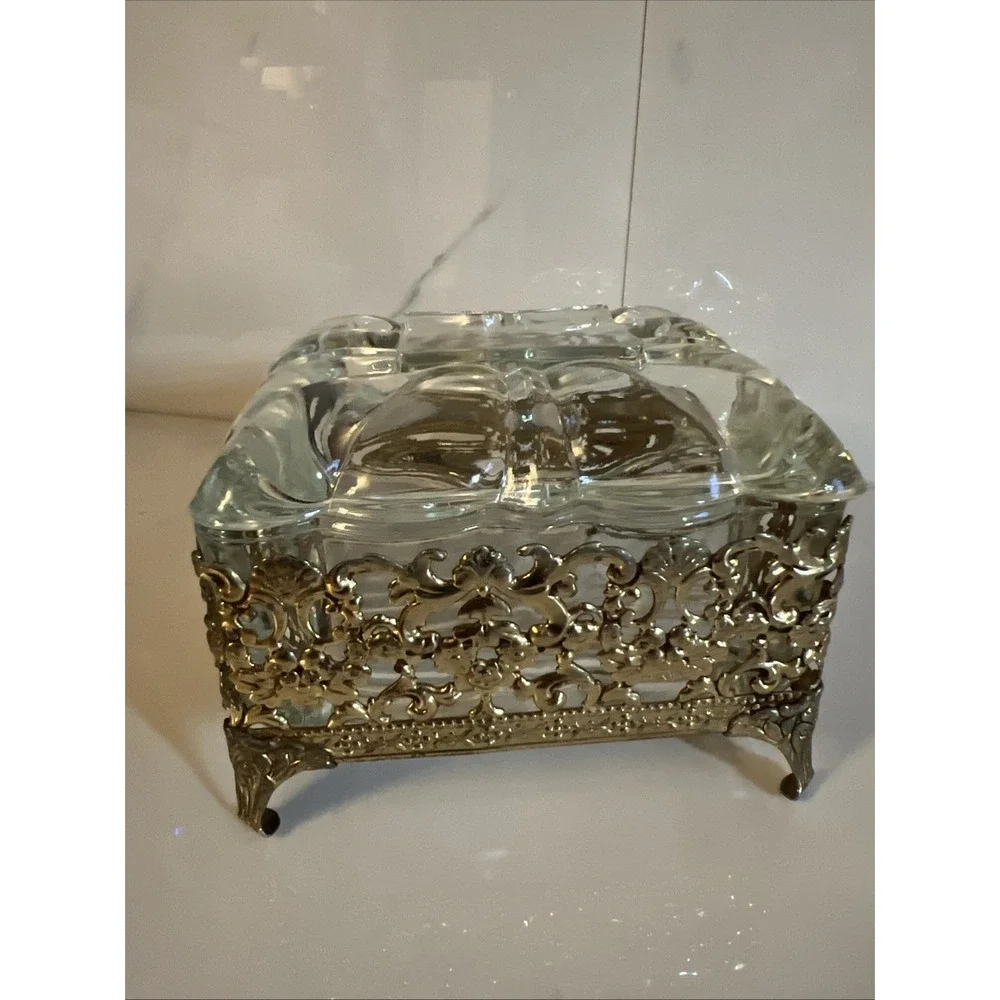 Victorian Style Brass Vanity Trinket Pressed Glass Footed Jewelry Lidded Box